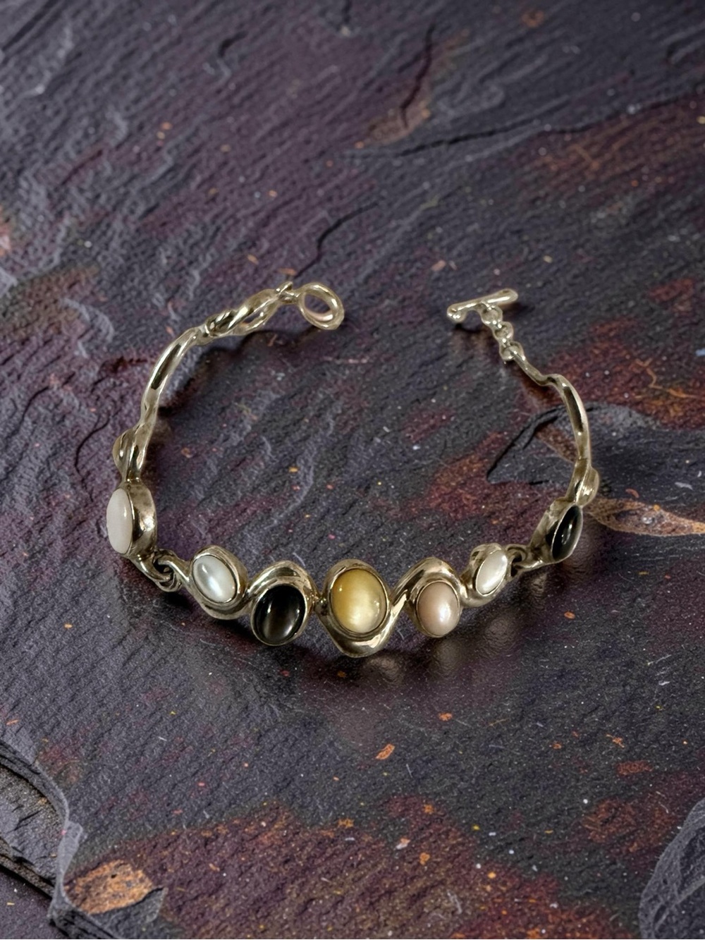 Carolyn Pollack sterling silver wavy link bracelet multicolored mother-of-pearl